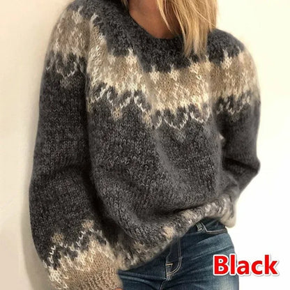 Autumn Winter New Womens Korean Edition Loose Lazy Style Plush Retro Jacquard Round Neck Pullover Sweater