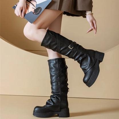 Women’s Knee-High High Heel Riding Boots 2025 – PU Leather Platform Princess Slim Boots