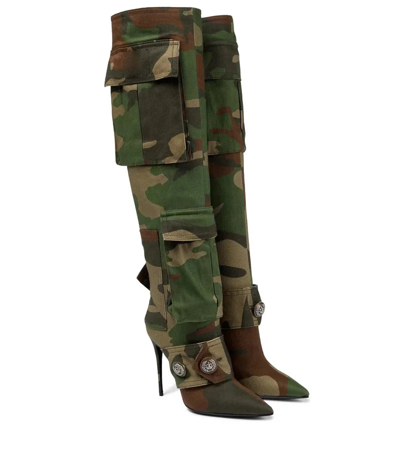 Designer Camouflage Themed Knee Length High Heel Boots