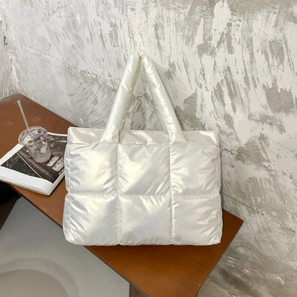 Quilted Winter Shoulder Bag Large Capacity Elegant Cloud Cotton Padded Tote For Fashionable Vacations