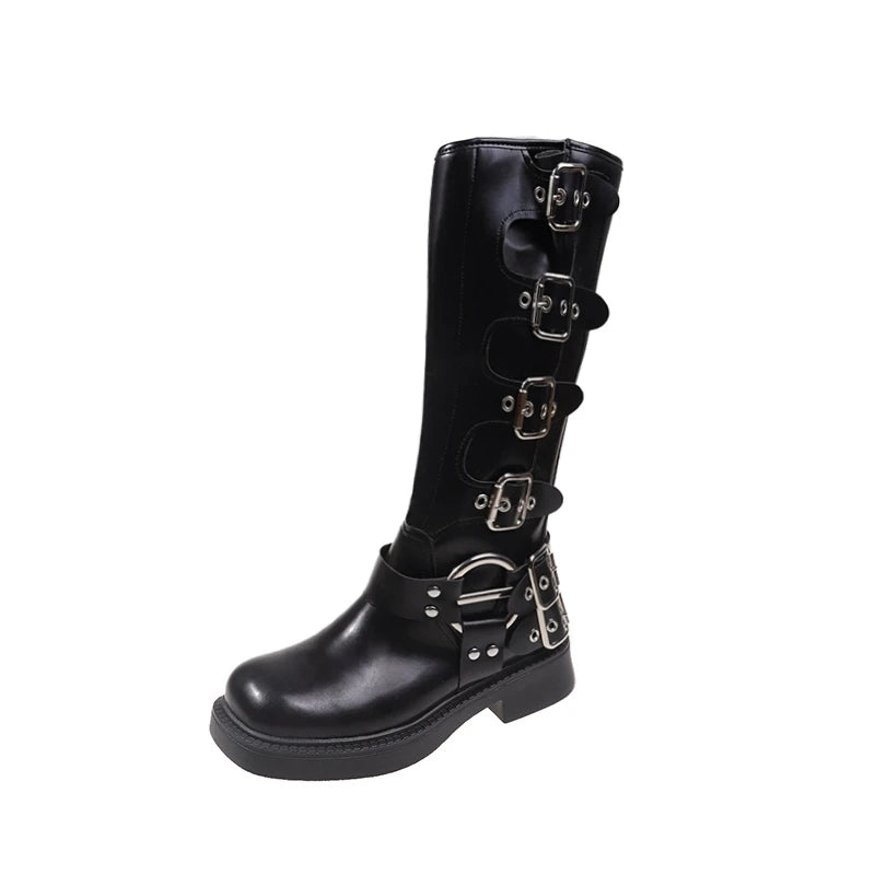 Women’s Knee-High Platform Motorcycle Boots – Low Square Heel Punk Gothic Rock Leather Shoes