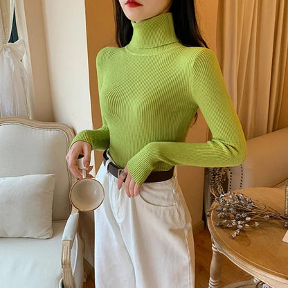 2025 Autumn Winter Women S Thick Ribbed Knitted Turtleneck Sweater Slim Fit Long Sleeve Pullover Soft Warm