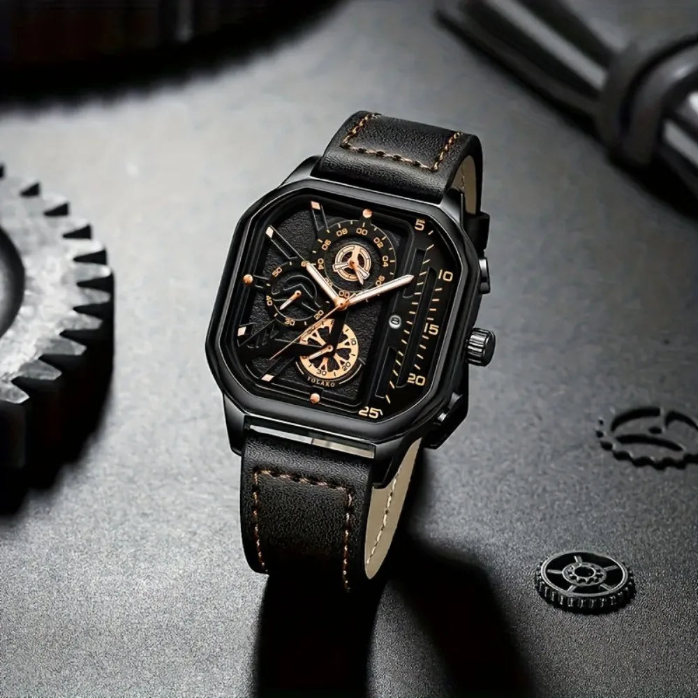 Mens Mechanical Dial Square Case Leather Band Casual Watches