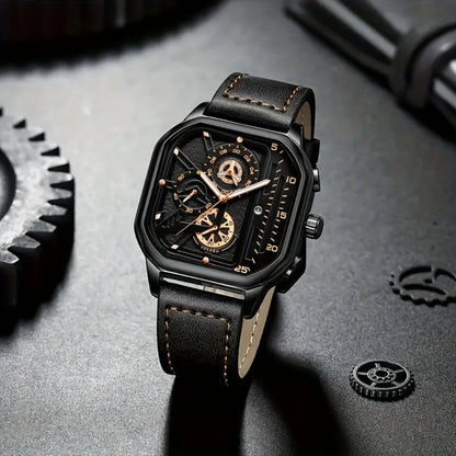 Mens Mechanical Dial Square Case Leather Band Casual Watches