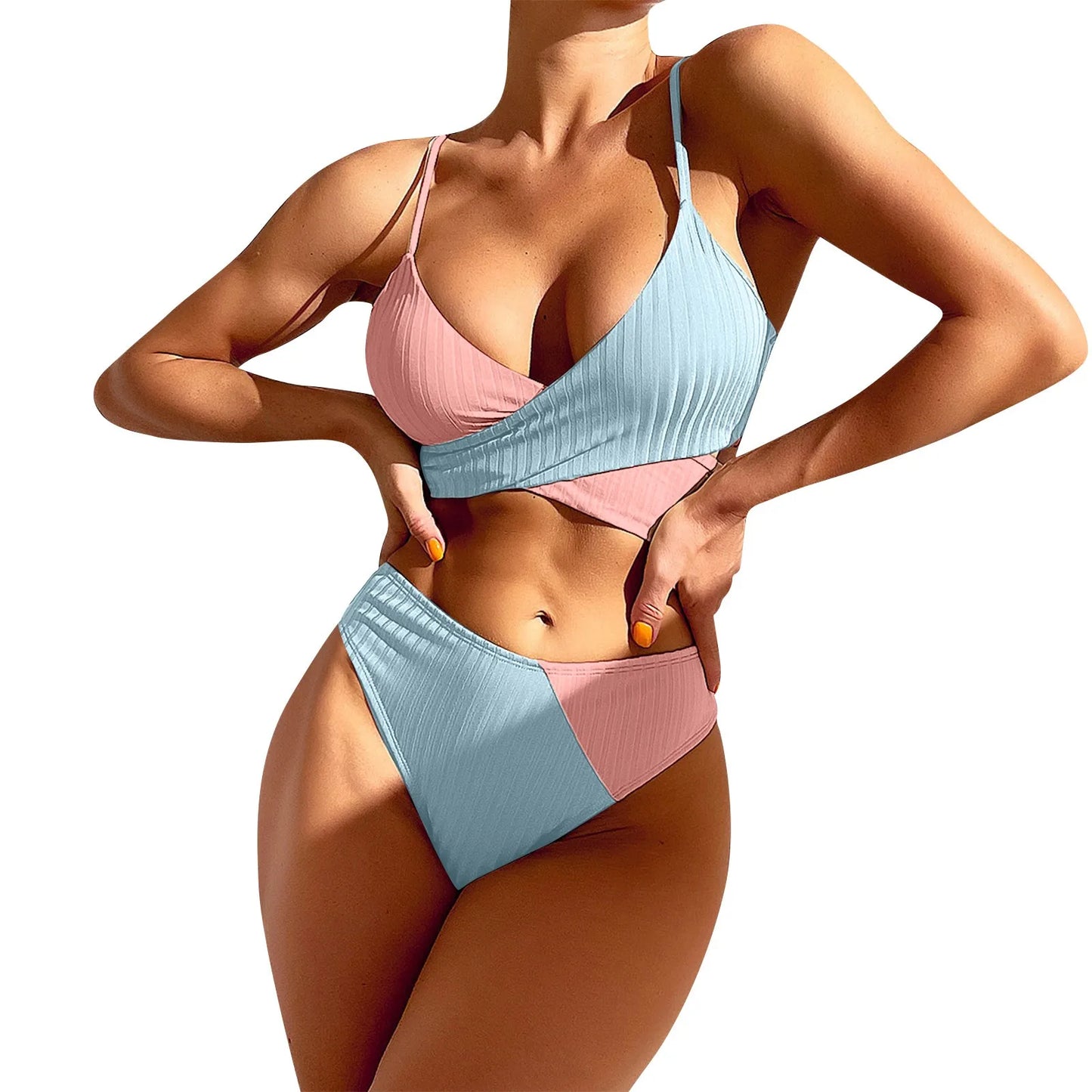 Two-Tone Blue Ribbed Wrap Bikini Aesthetic