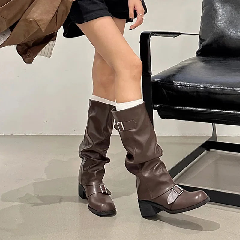Pleated Buckle Pu Leather Mid Calf Women Boots