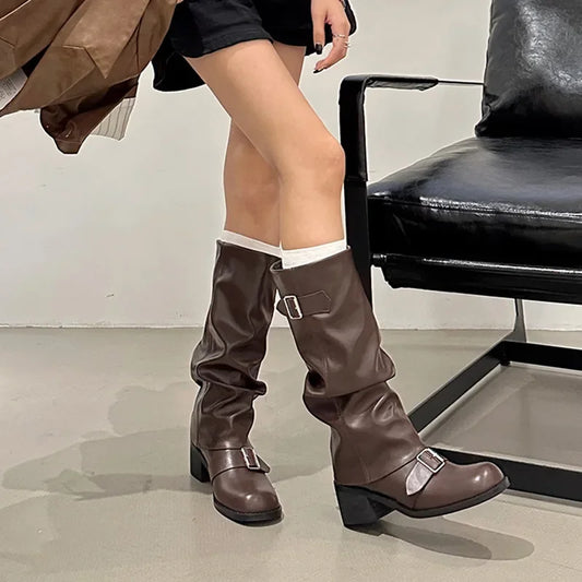 Pleated Buckle Pu Leather Mid Calf Women Boots