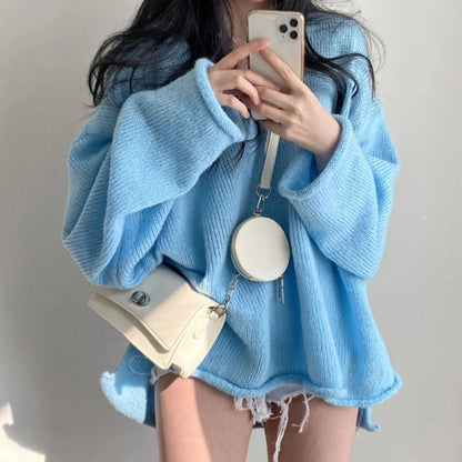 Casual Light Blue V-Neck Knit Sweater Outfit