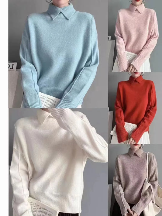 Elegant High Collar Solid Color Sweater Minimalist Style Regular Sleeve Pullover For Women