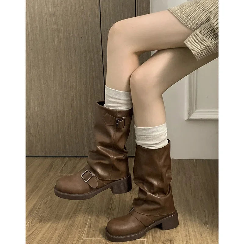 Pleated Buckle Pu Leather Mid Calf Women Boots