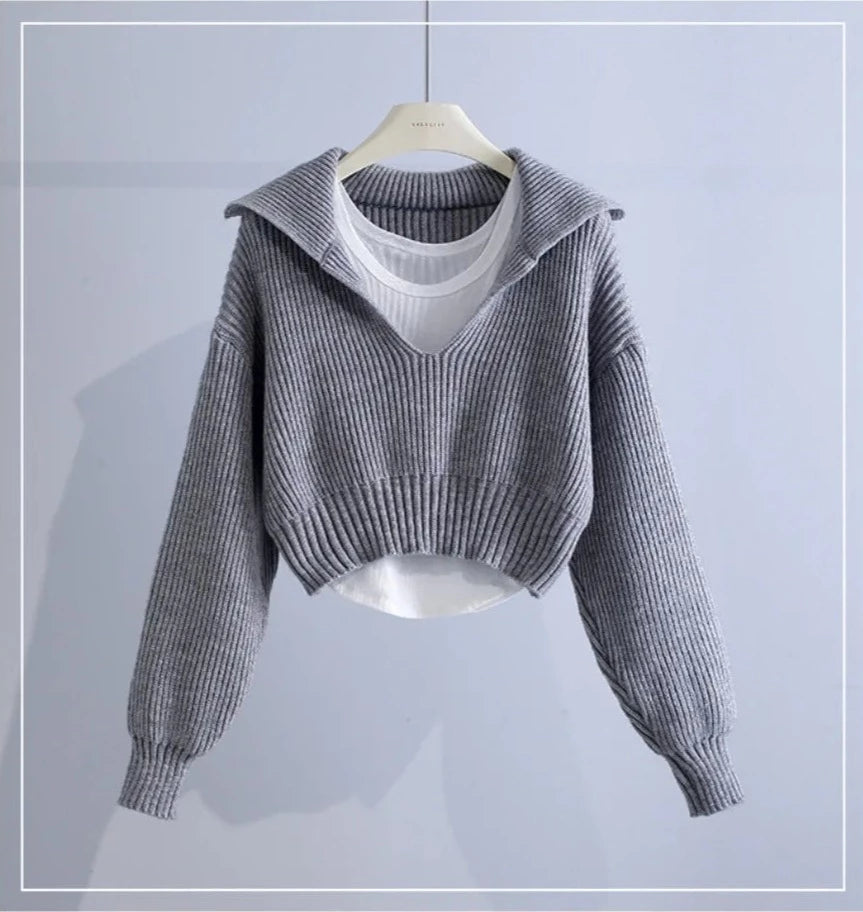 New Deep V-Neck Lapel Collar Two-Pieces Sweaters For Women