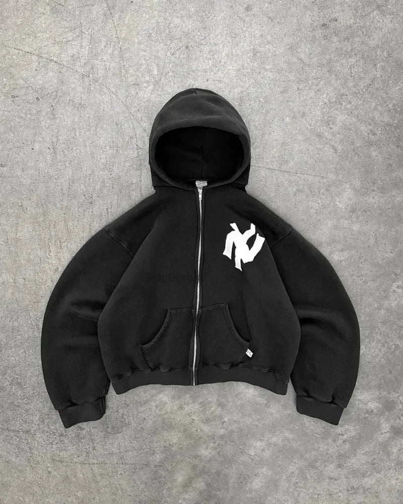 New Y2k Letter Print Zip Up Hoodie Streetwear Oversized Sweatshirt For Men Women