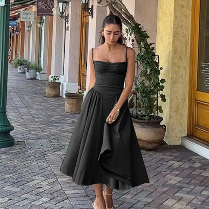 Old Money Aesthetic - Elegant Neutral Corset Midi Dress