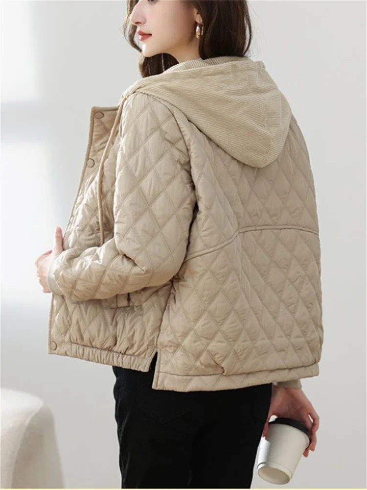 Womens Short Quilted Jacket O Neck Loose Fit Contrast Color Coat Casual Single Breasted Chic Outerwear