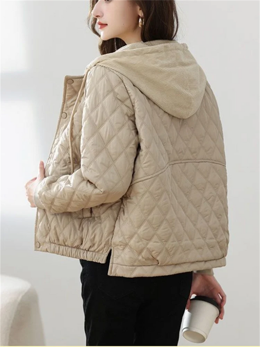Womens Short Quilted Jacket O Neck Loose Fit Contrast Color Coat Casual Single Breasted Chic Outerwear