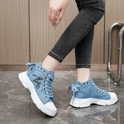 Womens High Top Denim Sneakers Skull Metal Decor Vintage Casual Shoes