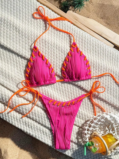 Wrinkled Weave Edge Two Piece Halter Bikini