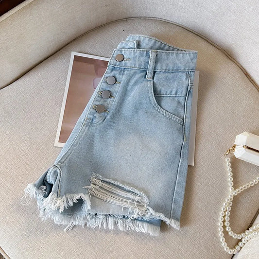 Effortless Summer Styling: Distressed High-Waist Button-Fly Denim Shorts