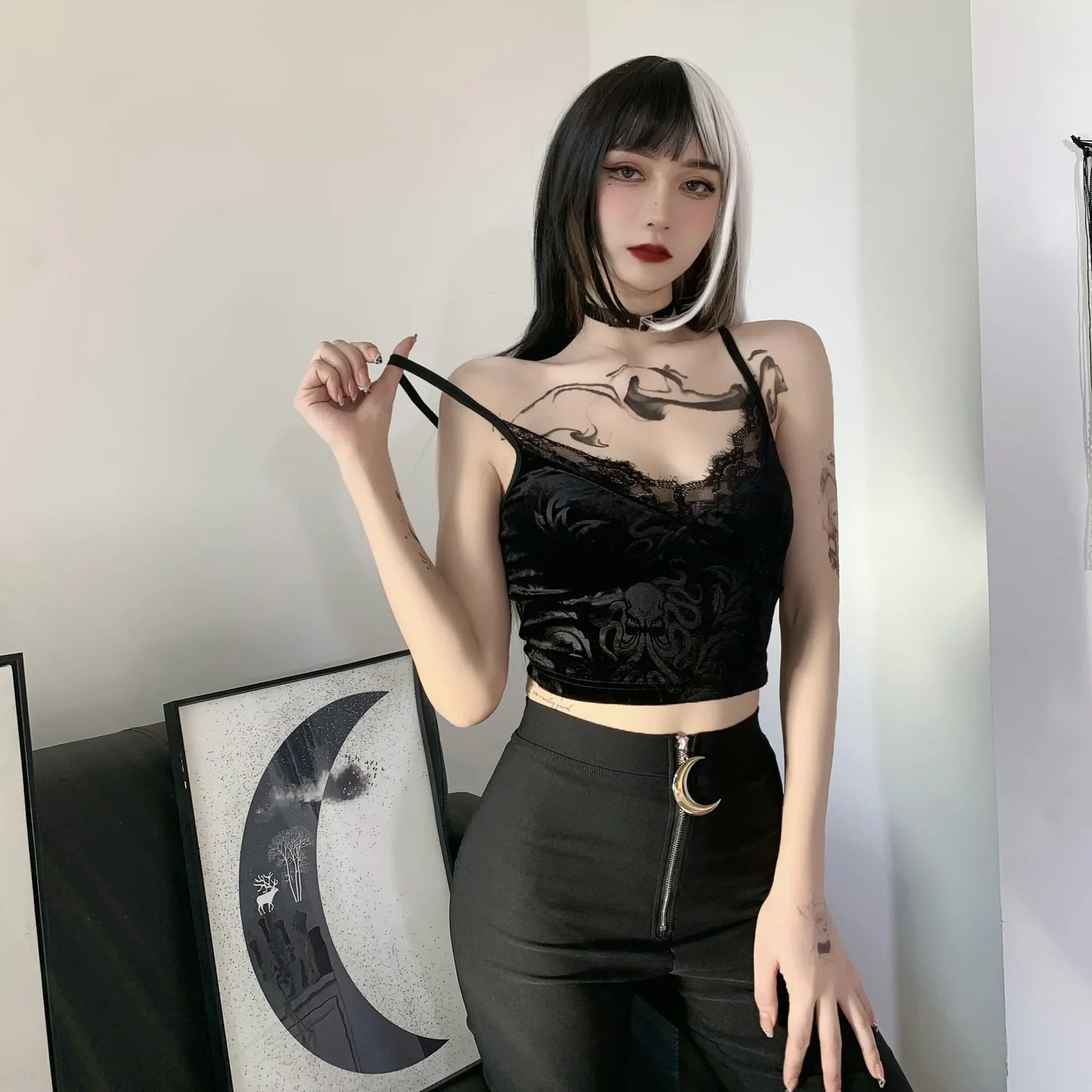 Black Printed Backless Crop Top For Women Sexy Short Top Vintage Camis Skinny Cropped Top For Party Streetwear