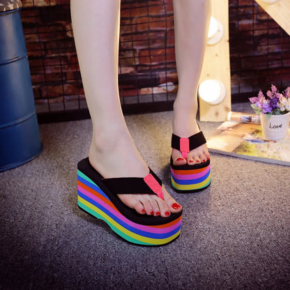 Women Rainbow Slippers High Heels Flip Flop Wedge Slippers Summer 10cm Heels Platform Slippers Flip Flops Womens Slides