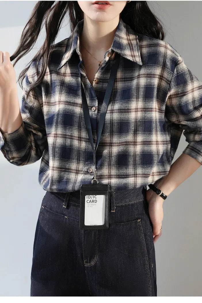 Chic Korean Plaid Blouse Sweet Autumn Casual Style