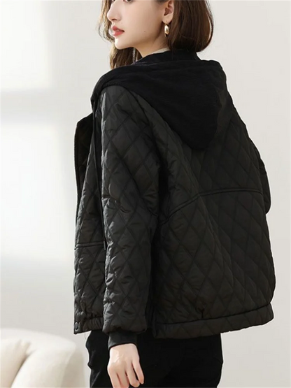 Womens Short Quilted Jacket O Neck Loose Fit Contrast Color Coat Casual Single Breasted Chic Outerwear
