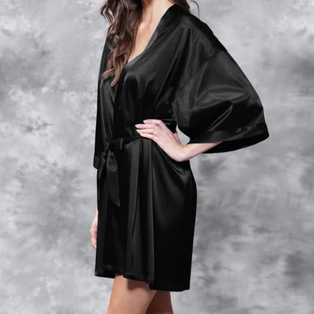 Elegant Black Satin Kimono Robe for an Effortless Night Routine Aesthetic