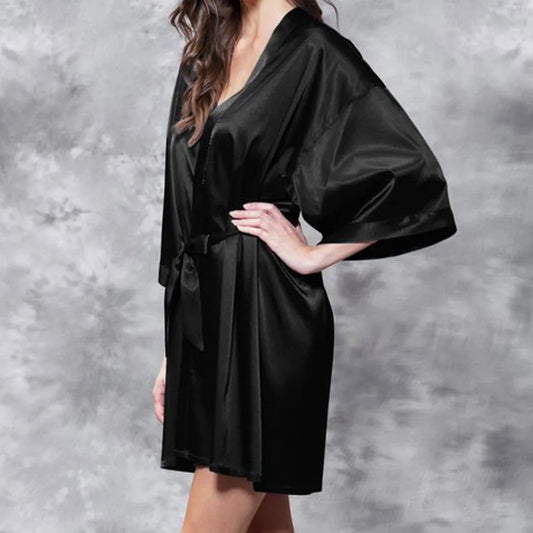 Elegant Black Satin Kimono Robe for an Effortless Night Routine Aesthetic