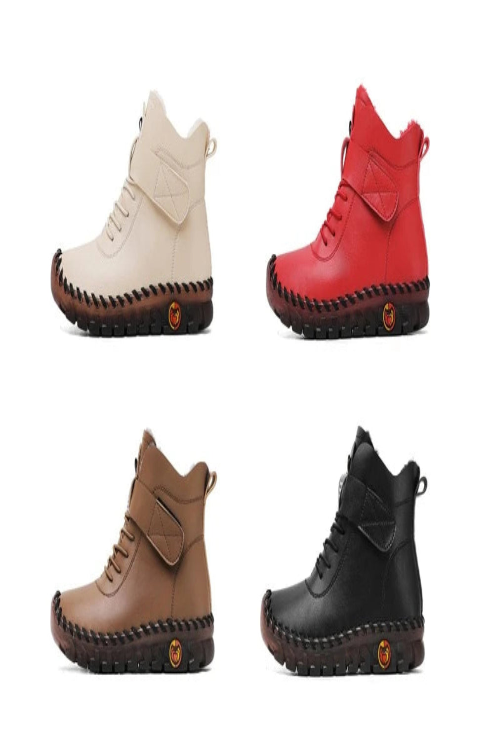 Four pairs of boots in beige, red, brown, and black on a white background.