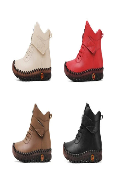 Four pairs of boots in beige, red, brown, and black on a white background.
