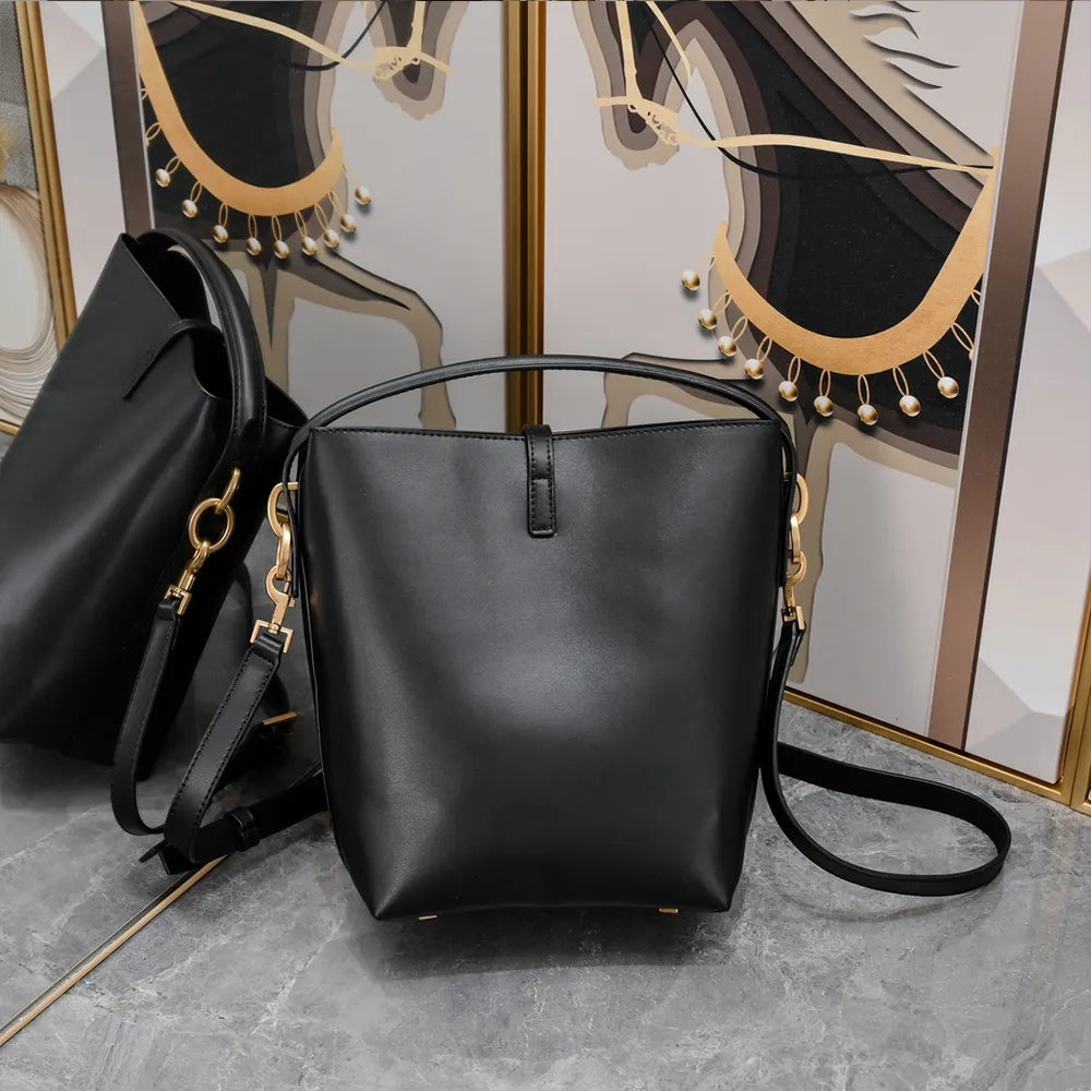 Designer Calfskin Bucket Bag: Genuine Leather, Crossbody Style with Large Capacity