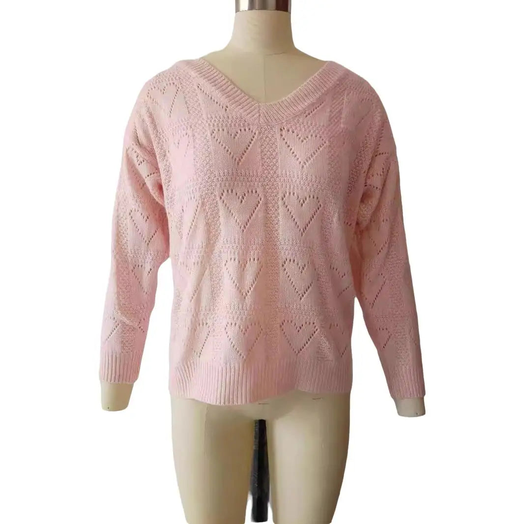 Womens Elegant Hollow V Neck Autumn Winter Sweater
