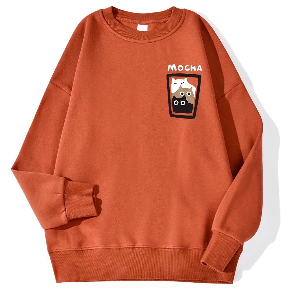 Mocha Cat Cup Printed Crew Neck Sweatshirts