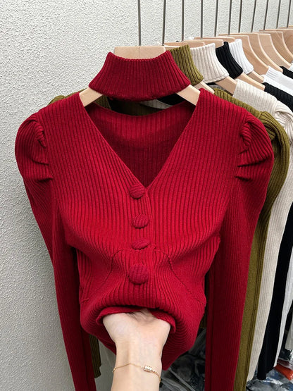 Womens French Style Off The Shoulder Red Sweater Autumn Winter Base Layer Niche Stylish Innerknit Top