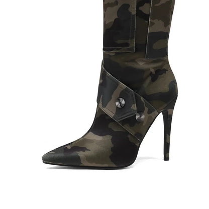 Designer Camouflage Themed Knee Length High Heel Boots