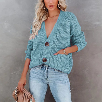 New Autumn Women's Knitted Top Cardigan Sweater Jacket, Casual Solid Color Button Style, Casual Clothing