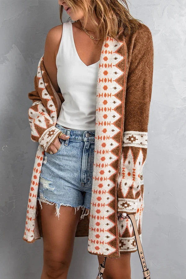 Boho Geometric Knit Cardigan for Women – Mid-Length Casual Sweater