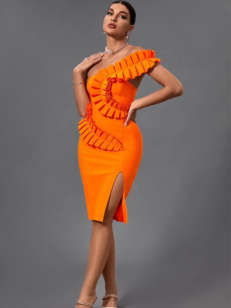 New Women Orange Ruffle Bandage One Shoulder Evening Party Dress