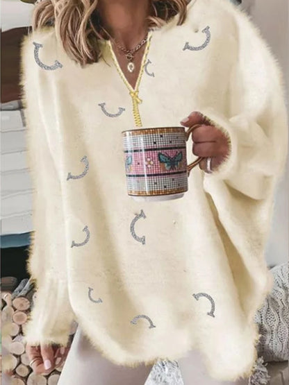 Cozy White Star Print Fuzzy Sweater Aesthetic