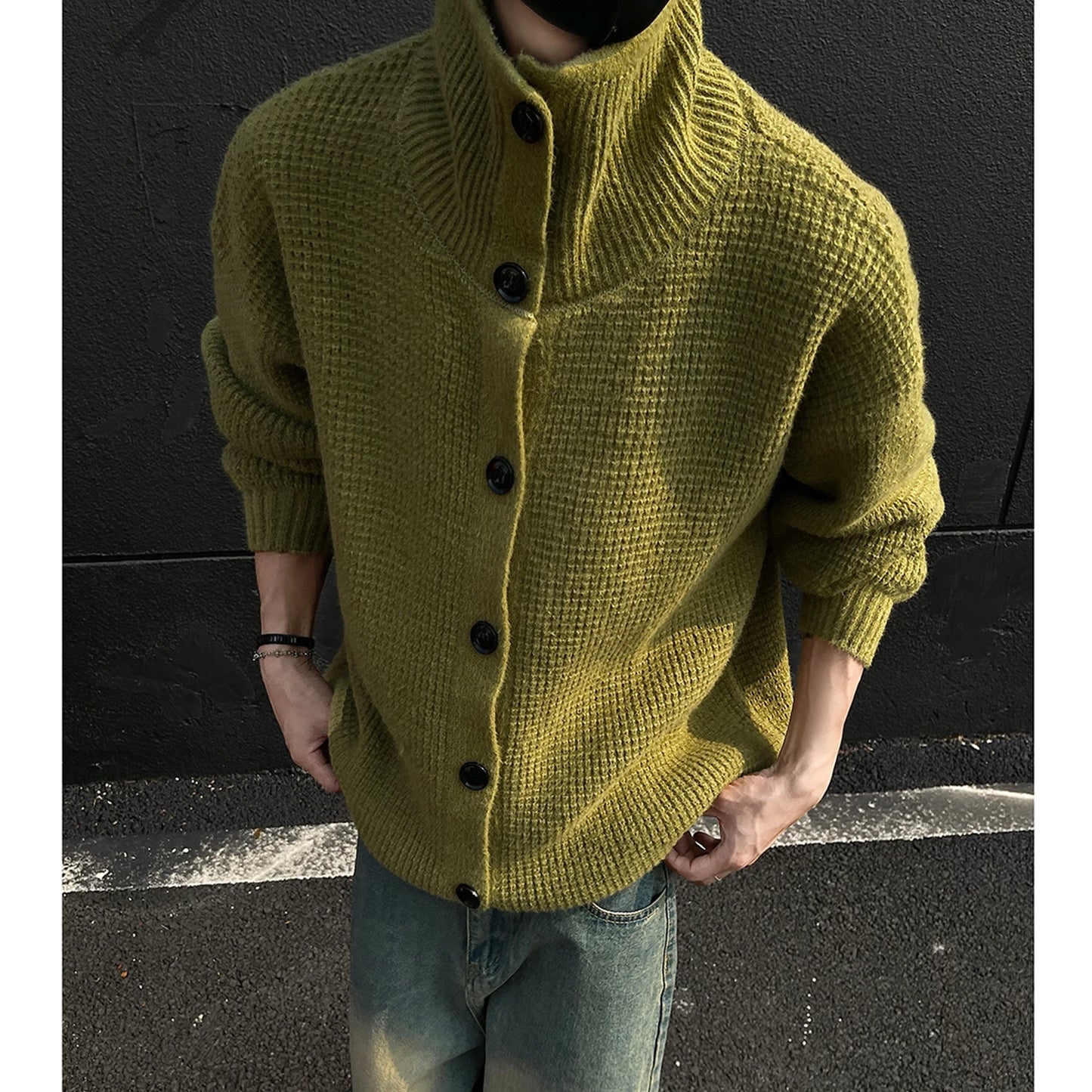 Stand Collar Double Breasted Mens Knitted Cardigan Sweaters