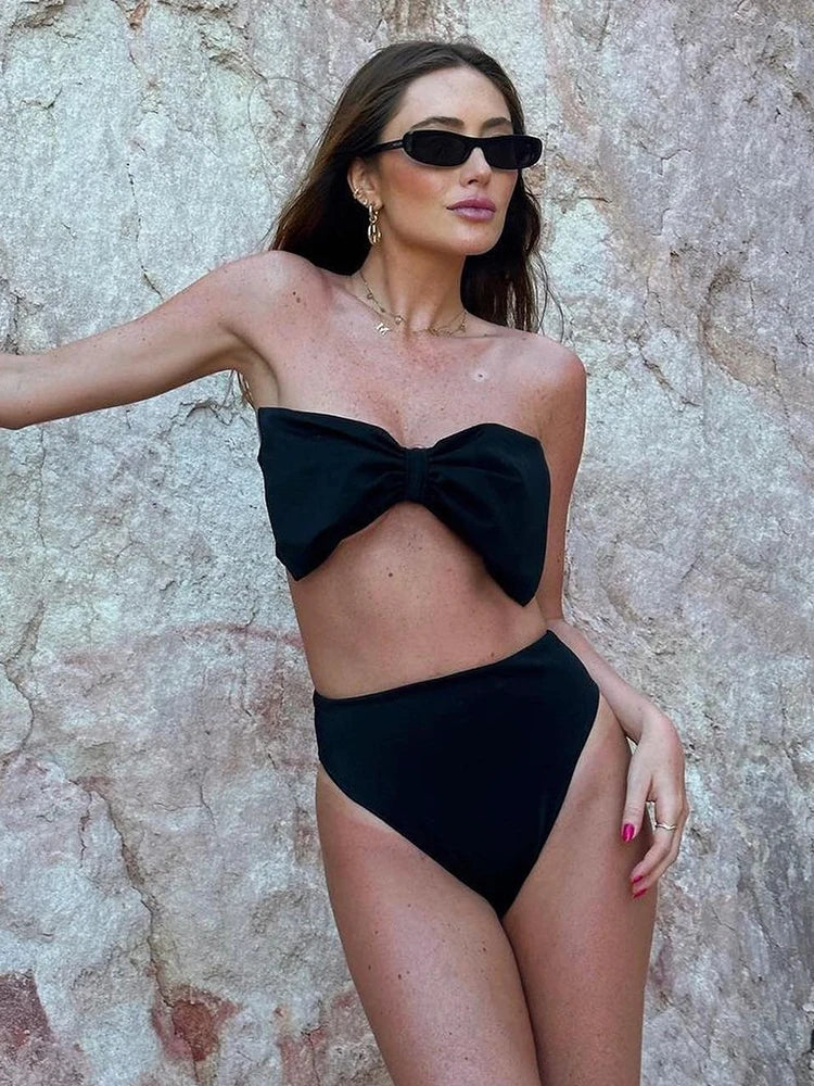 Minimalist Luxury Black Bow Bikini Set for Effortless Coastal Aesthetic