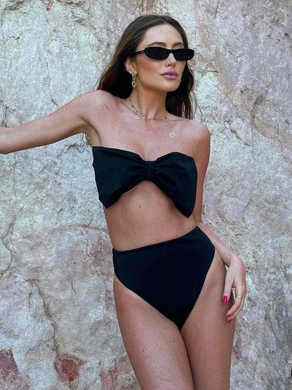 Minimalist Luxury Black Bow Bikini Set for Effortless Coastal Aesthetic
