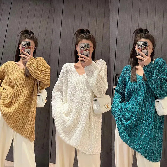 Women's Baggy V-Neck Sweater – Soft Knitted Harajuku Pullover, Casual Autumn Streetwear