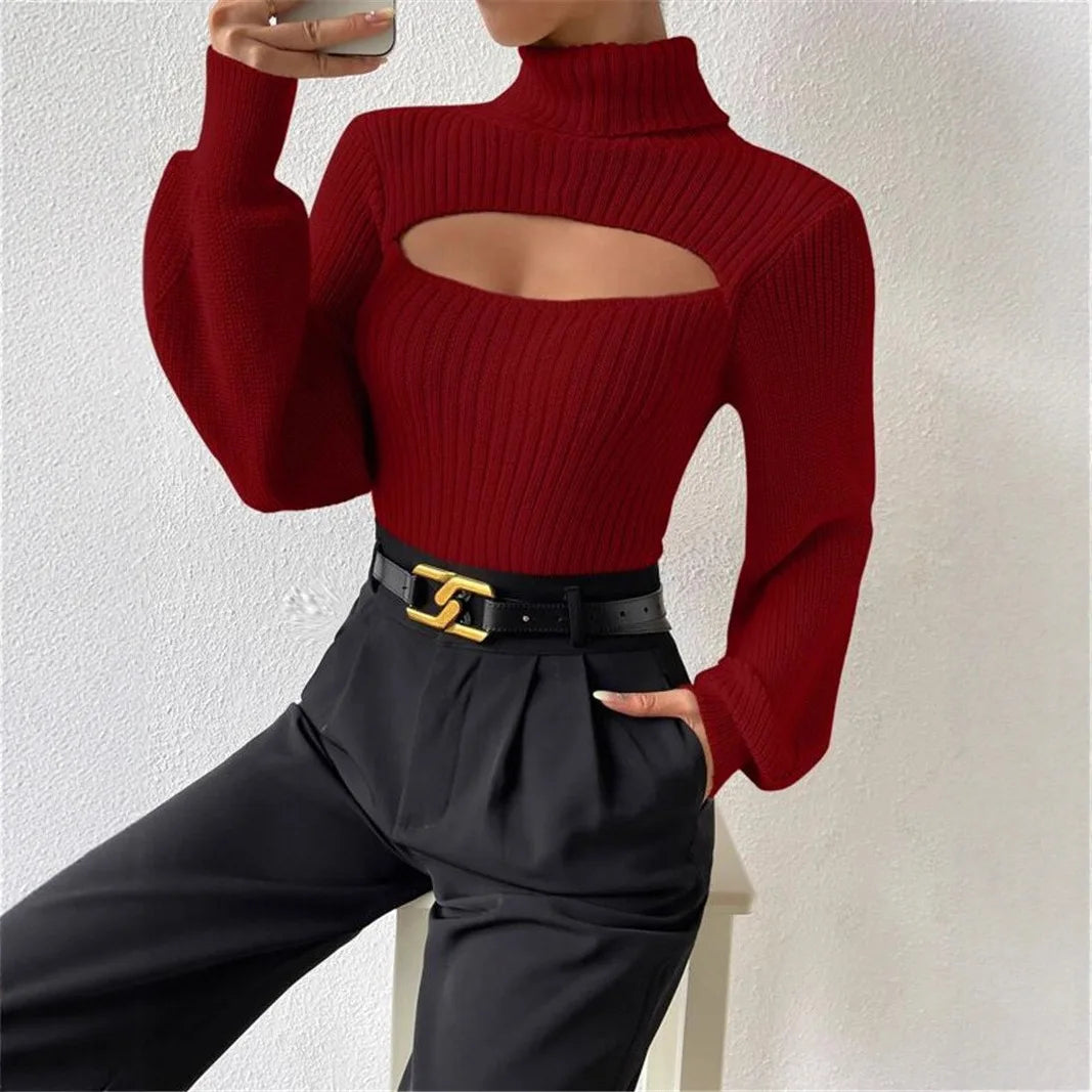 Hollow Out Turtleneck Sweater – Women’s Loose Boho Knit