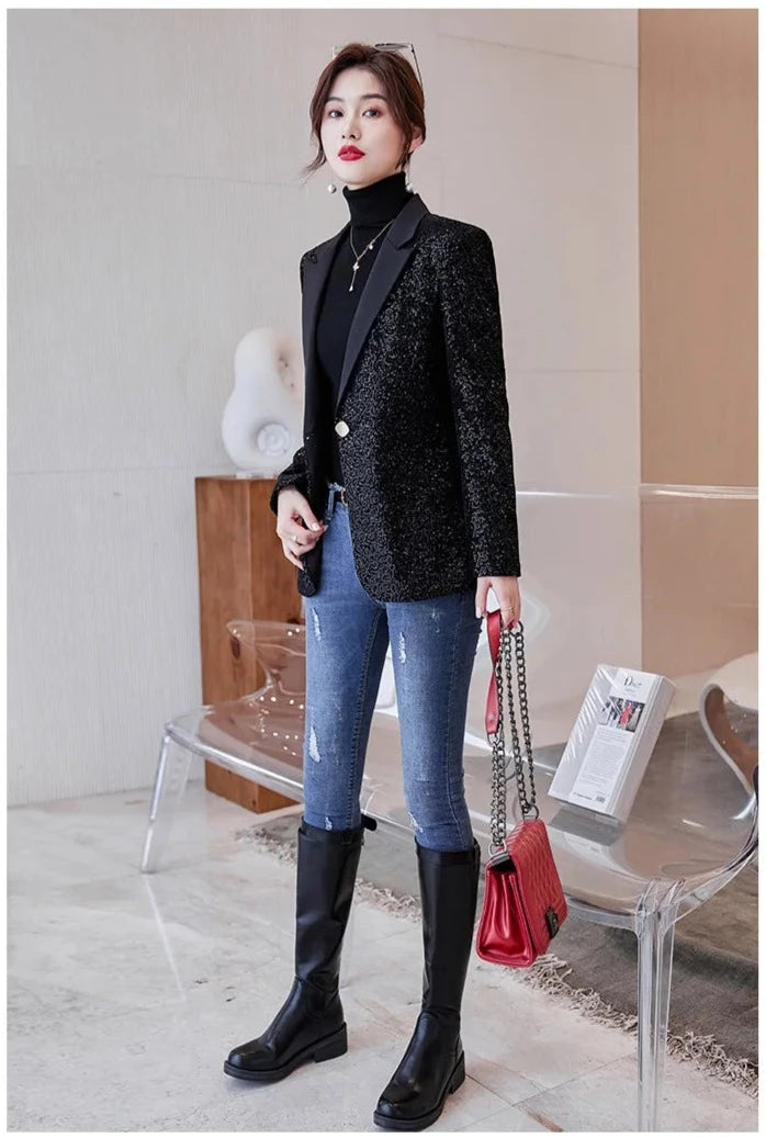 Sequined Shiny Long Sleeve Casual Office Style Blazer Coat For Women
