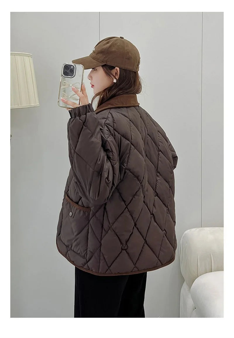 Quilted PU Leather Short Coat – Warm Rhombic Lattice Winter Jacket for Women