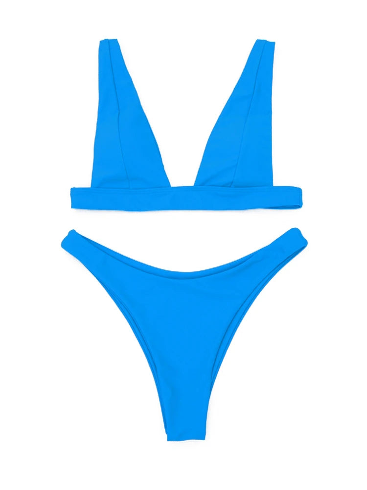 V Neck Blue One Piece Women Bikini