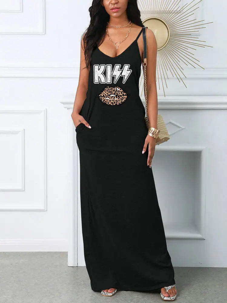 Edgy Black Graphic Maxi Dress for an Effortless Casual Street Style