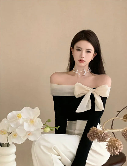 Off-Shoulder Bow T-Shirt for Women – Sexy Exposed Clavicle Crop Top, Elegant Korean Long Sleeve Spring & Autumn Shirt