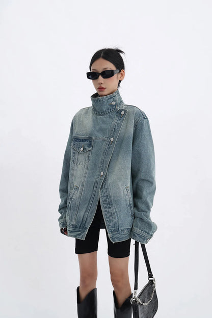 Women's Denim Coat Turtleneck Single Breasted Full Sleeve Patchwork Versatile Jacket – Fashion Autumn Streetwear Denim Overcoat